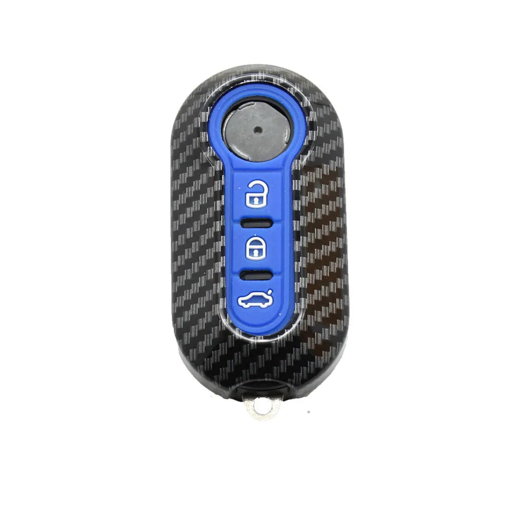 Fiat 500 Boyue Ottimo Viaggio car remote key shell in ABS plastic, shown in black, red, and dark blue colours.
