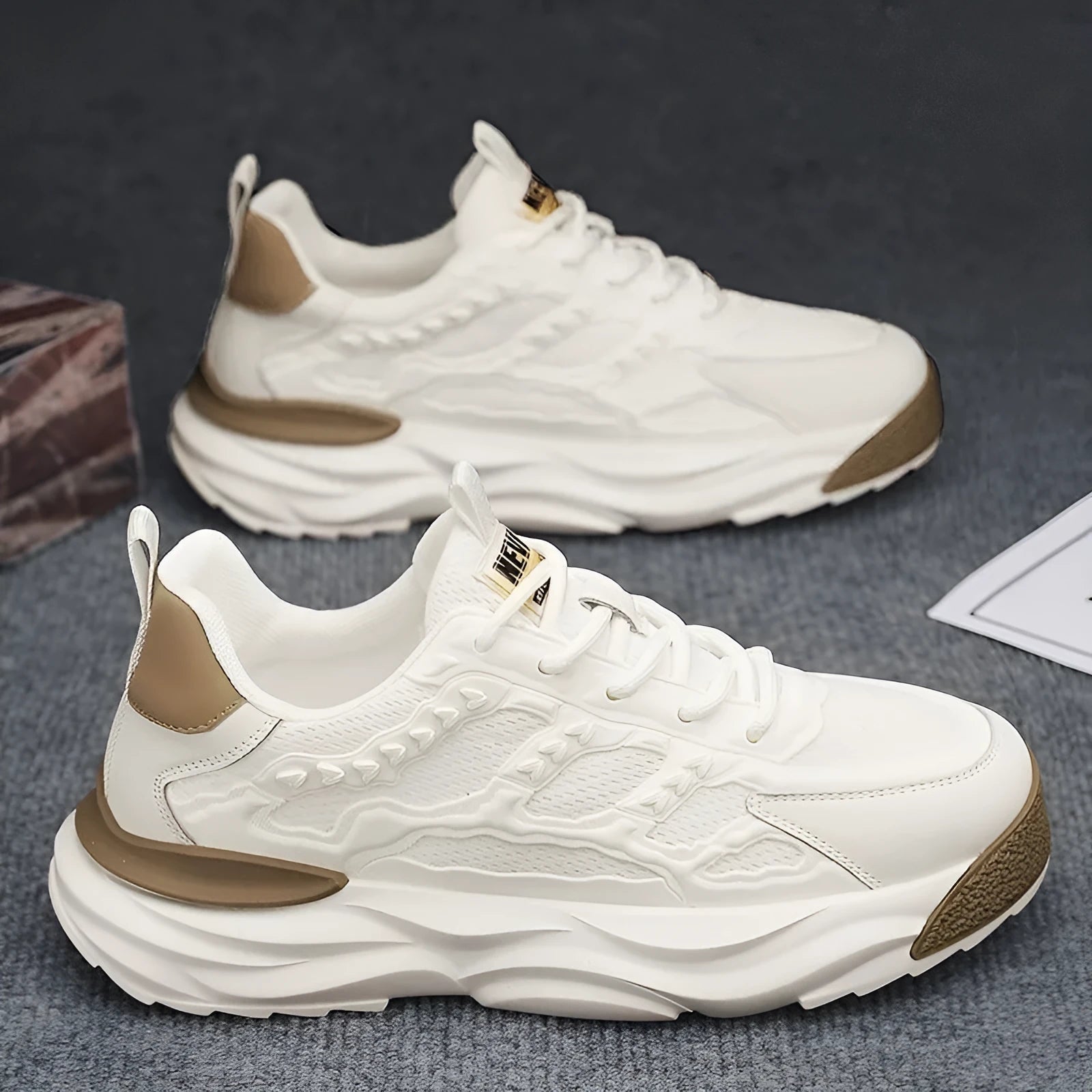 Men's breathable mesh shoes with PU upper and round toe in white or black