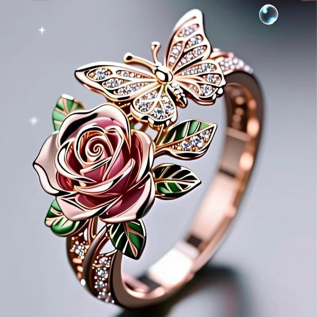 Colourful oil-drip finish butterfly personality ring with rose, insect, and leaf motifs on adjustable alloy band.