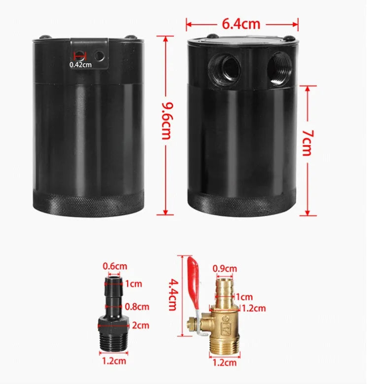 Black aluminium two hole automotive oil can with oil-free valve and connectors.