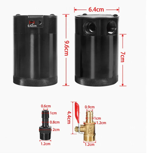 Black aluminium two hole automotive oil can with oil-free valve and connectors.
