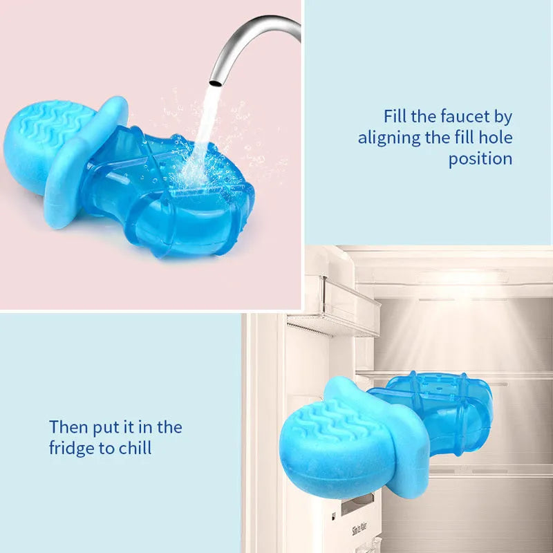 Summer ice dog cooling toy set with water-filled popsicle, pacifier, and ring chew toys