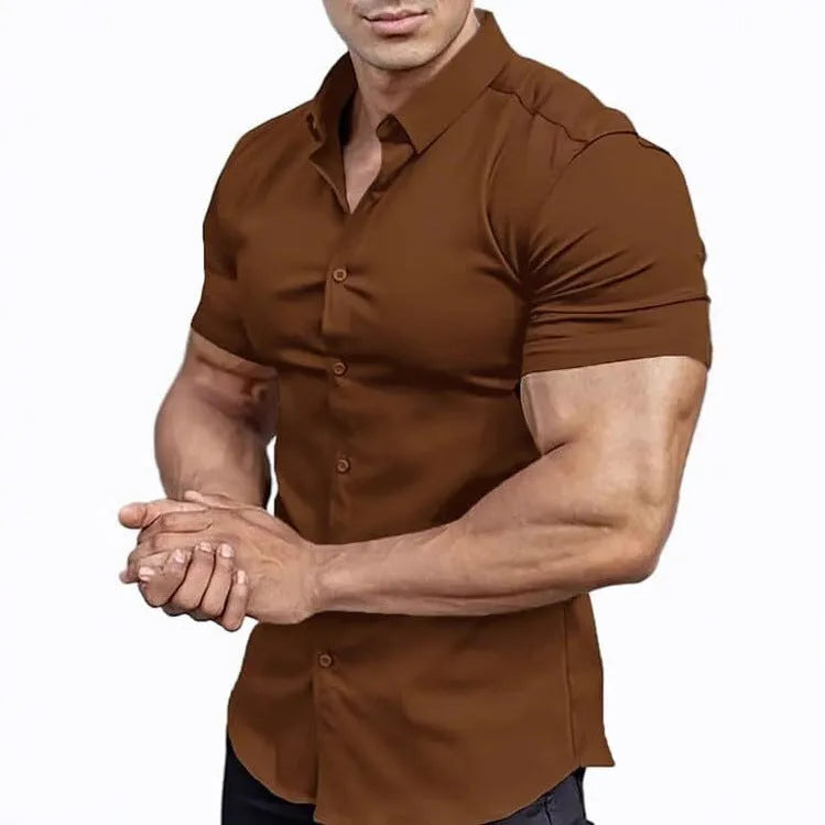 Men's short sleeve printed casual shirt with collar in cardigan style showing colour options