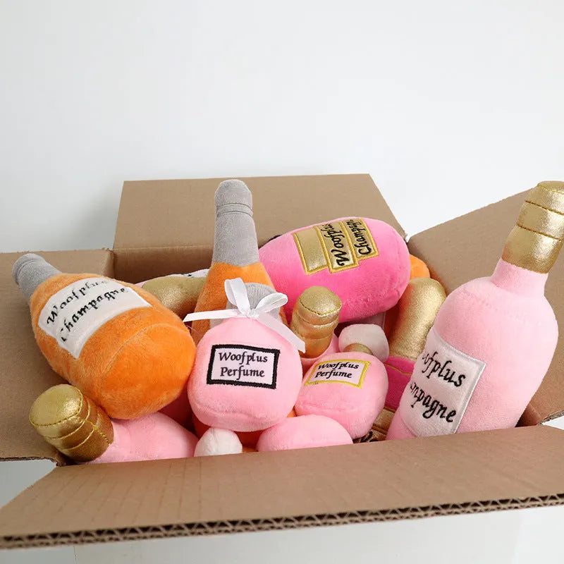 Plush wine bottle pet toy for dogs and cats in assorted colours