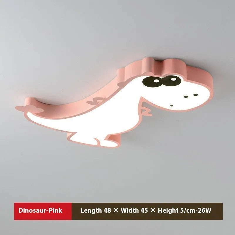 48cm cartoon dinosaur ceiling light with aluminum body and white PVC shade, showing dimmable LED lighting.