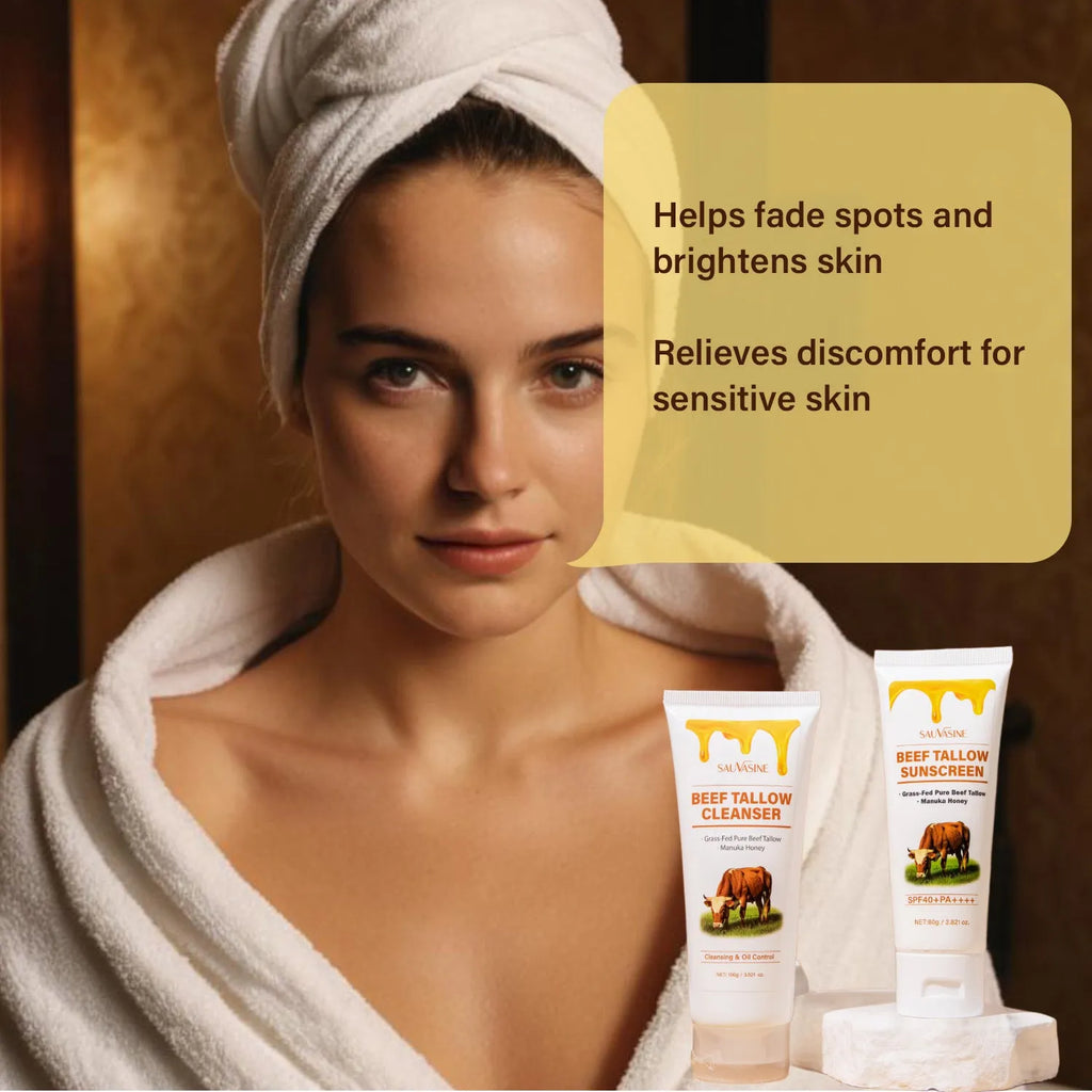 Seven-piece skincare set with bottles and tubes for facial cleanser, cream, body lotion, scrub, lipstick, and protective cream.
