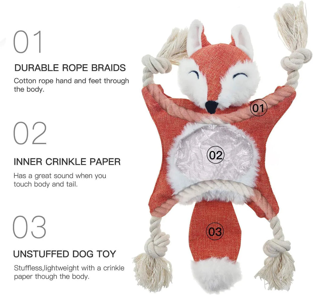 Brown plush fox dog toy with embroidered eyes, cotton rope limbs, and a squeaker.