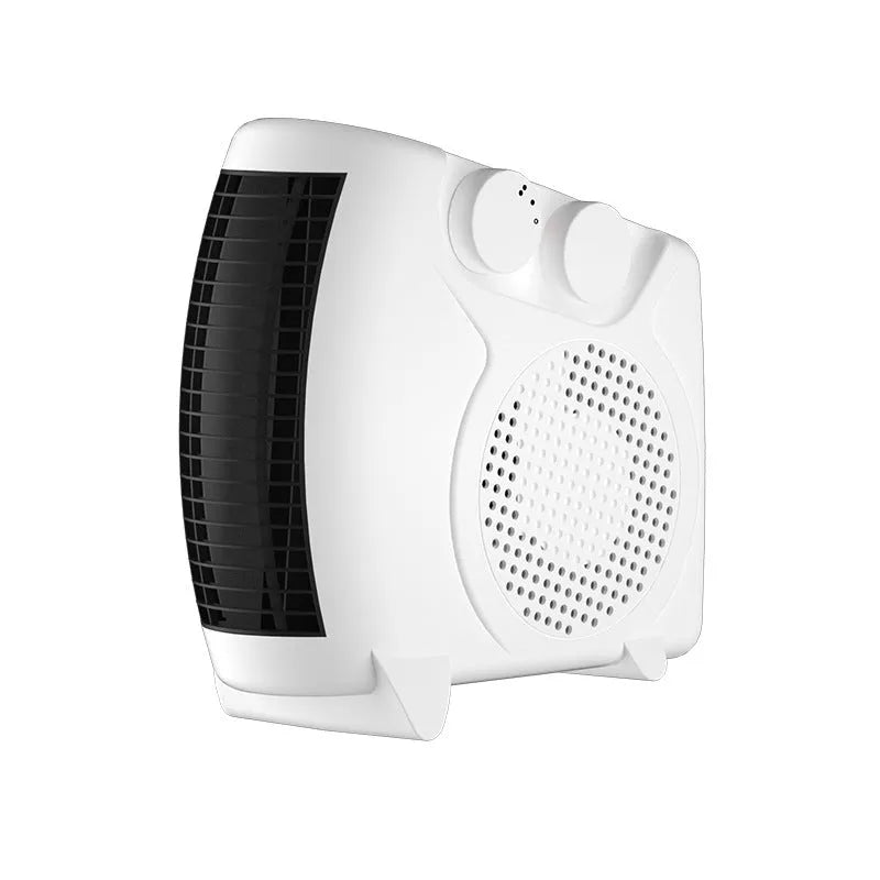 Small white electric space heater for desktop use with two-speed control and low-noise operation