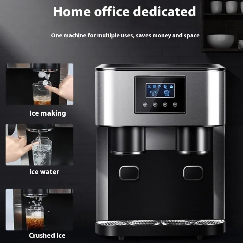 Black desktop ice maker with stainless steel interior showing ice crushing and water dispensing functions