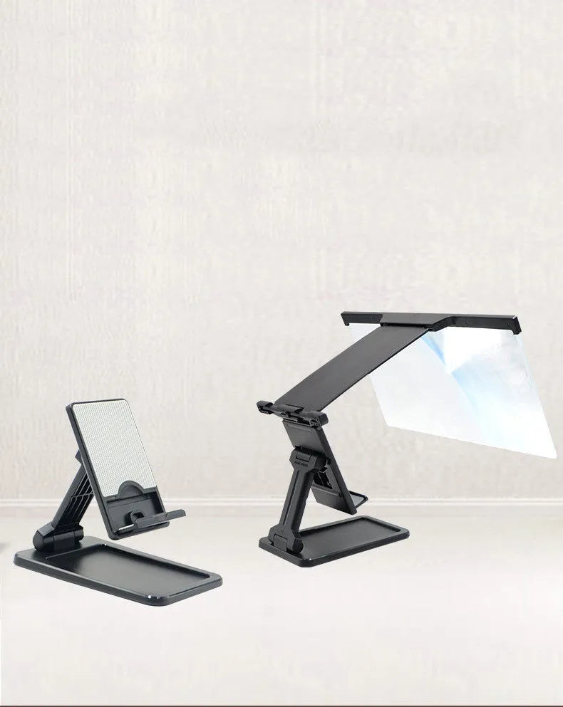 Black 12-inch mobile phone screen amplifier with detachable phone holder on desktop