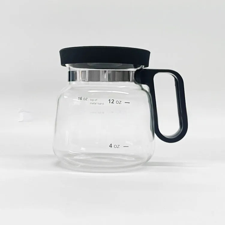 Transparent borosilicate glass coffee maker with silicone cover showing 355ml-473ml capacity