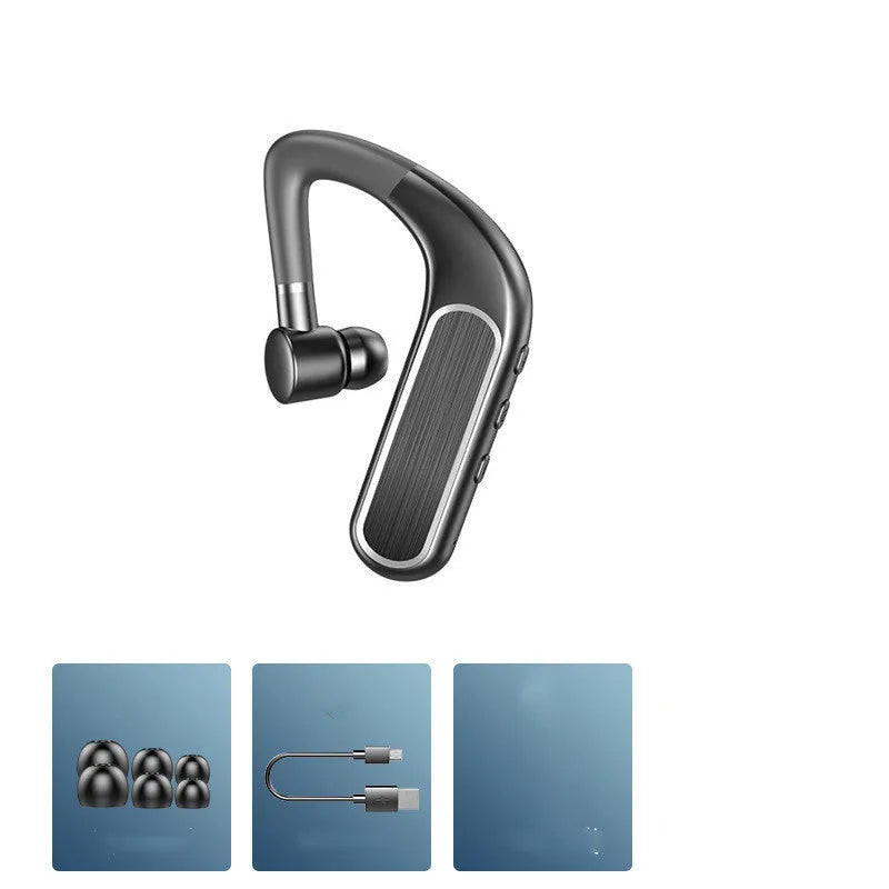 Black Bluetooth earphones with silicone ear caps, shown in hanging-ear design for running and driving