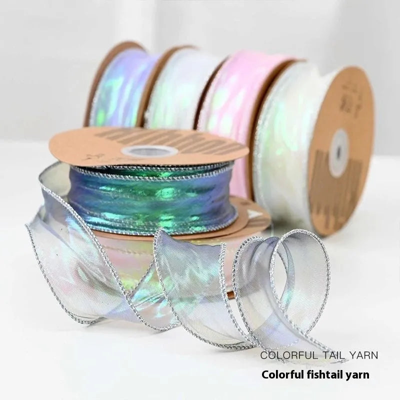Fishtail yarn decorative ribbon in mesh material with colourful wave pattern, 4cm width