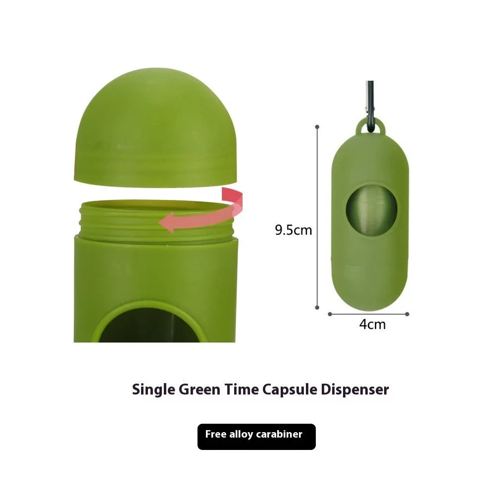 EPI degradable pet waste bags in green, black, blue, purple and orange colours with dispenser