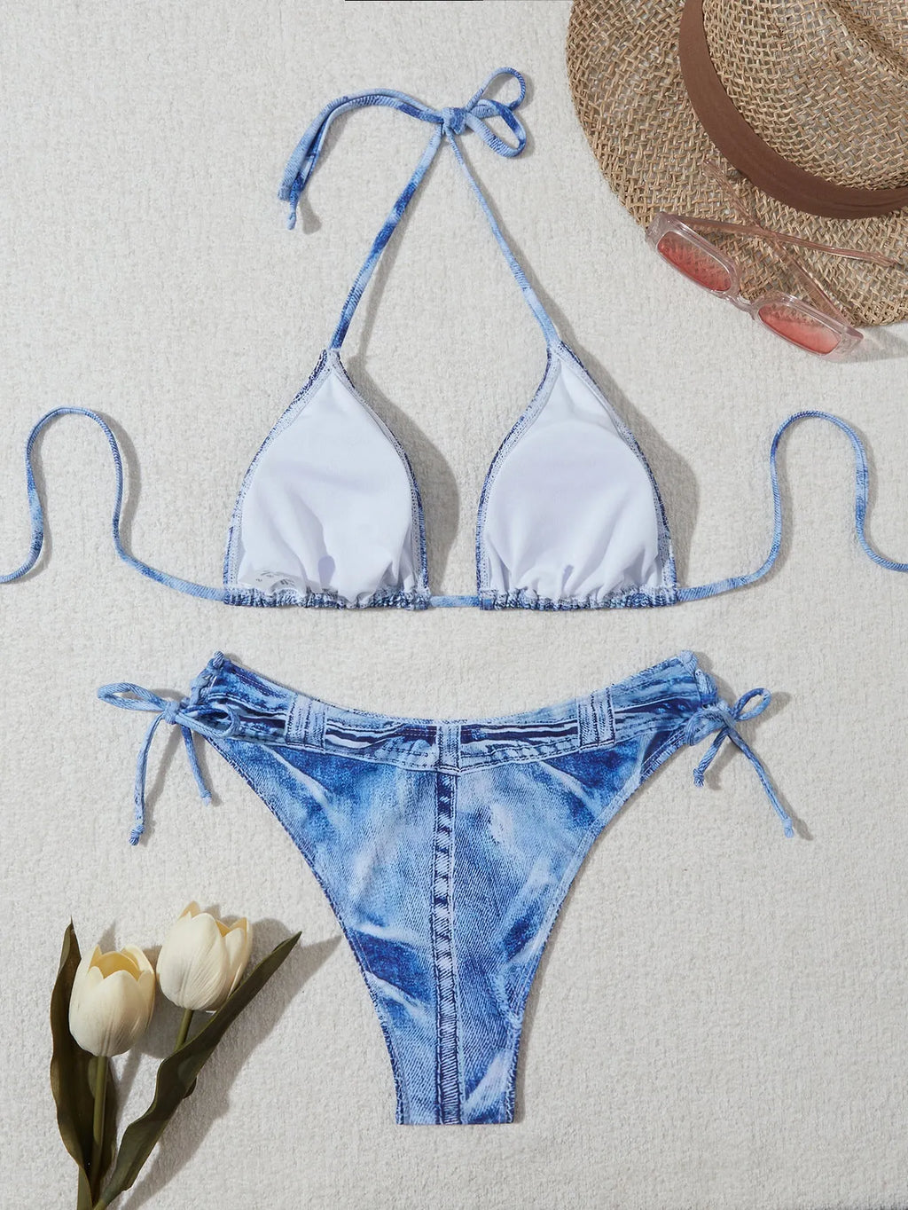 Women's denim blue printed bikini swimsuit with adjustable straps