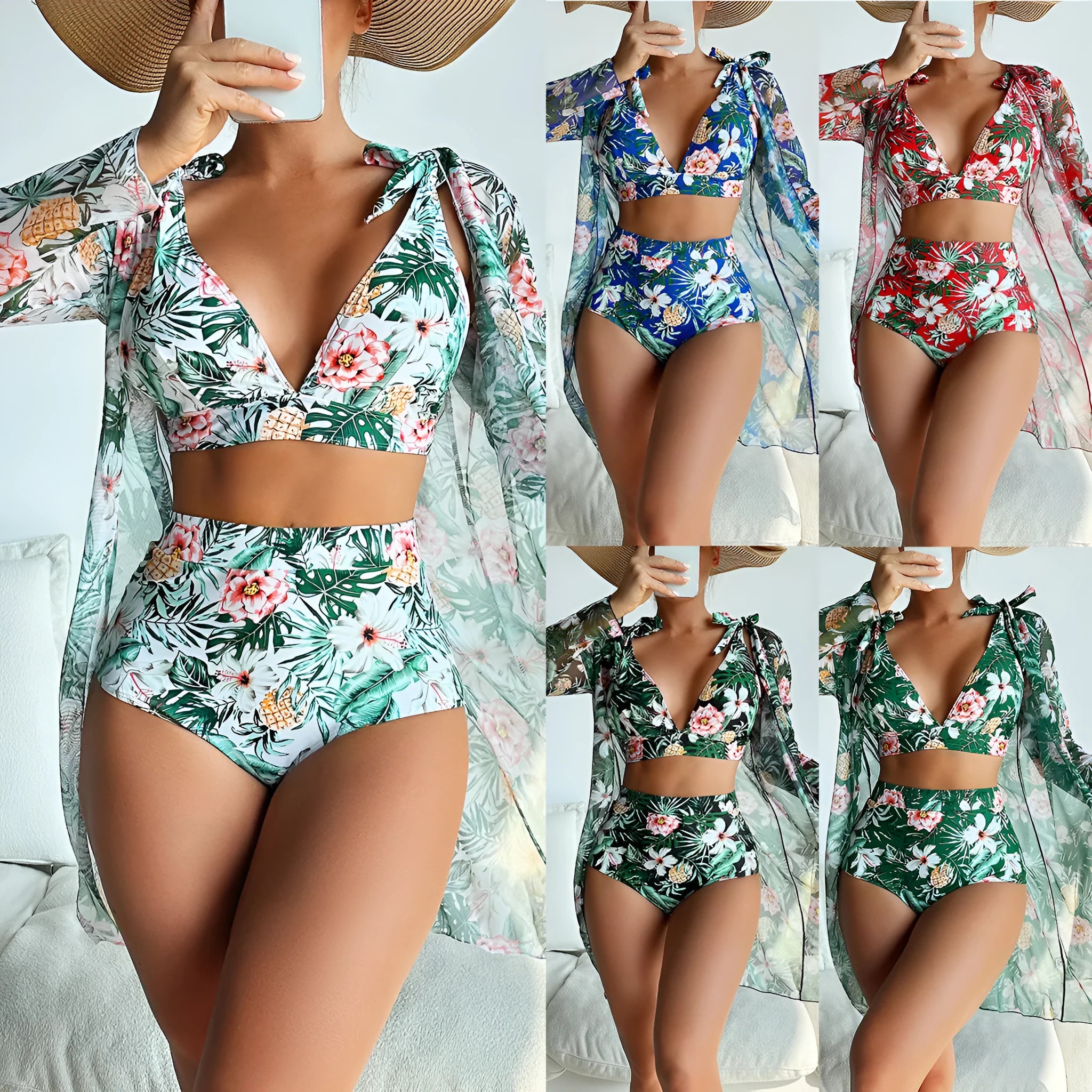 Women's printed bikini three-piece swimsuit set with sunscreen shirt, bra, and shorts