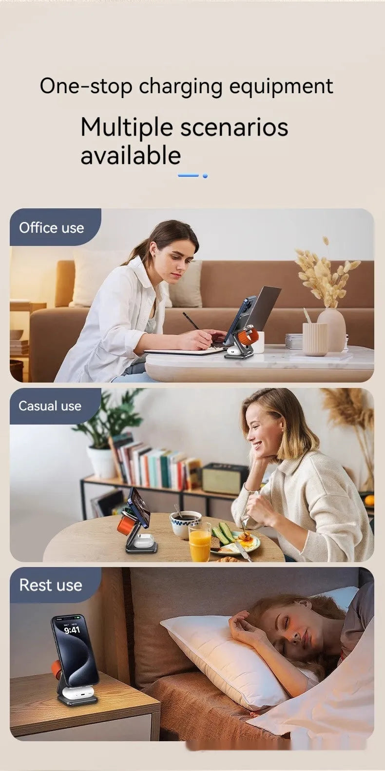 Foldable magnetic wireless phone charger stand in black showing adjustable angles