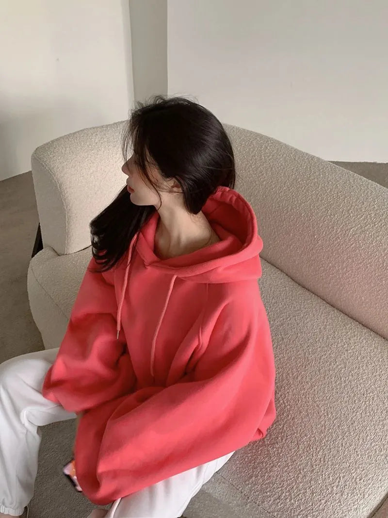 Women's mulberry silk hooded sweater in watermelon red colour with sleeveless loose fit design