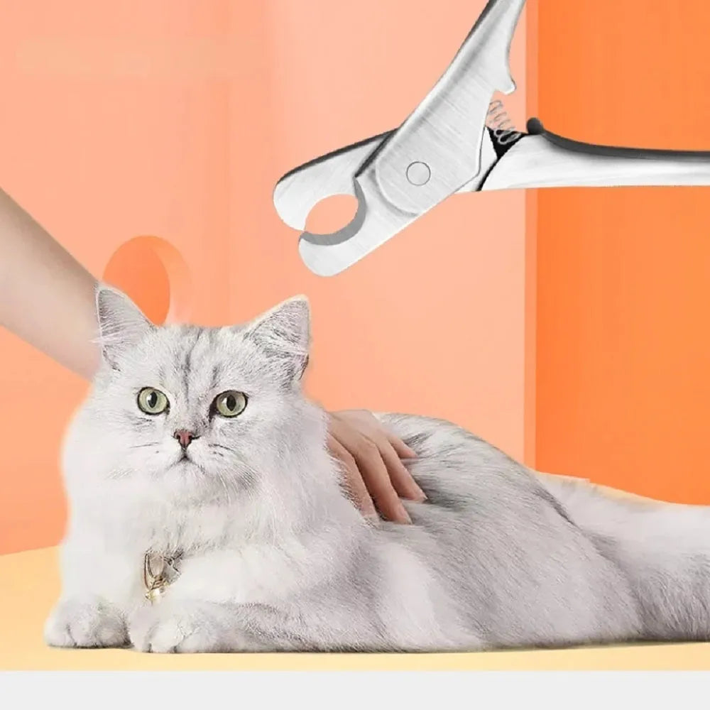 Silver stainless steel pet nail clipper with a quick-stop safety guard for dogs and cats.