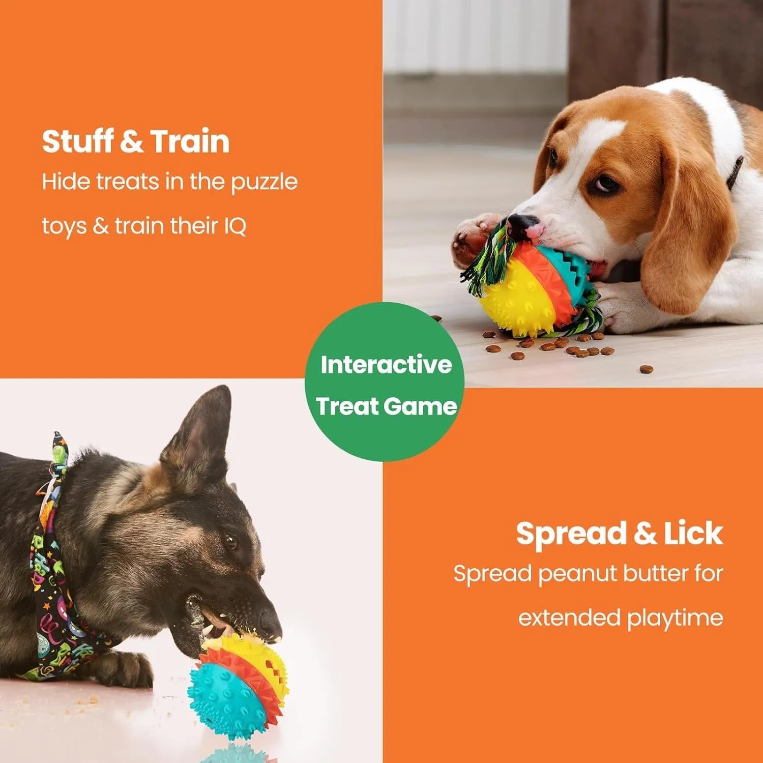 Blue TPR rubber dog chew toy with treat dispenser hole and squeaker for large breed dogs