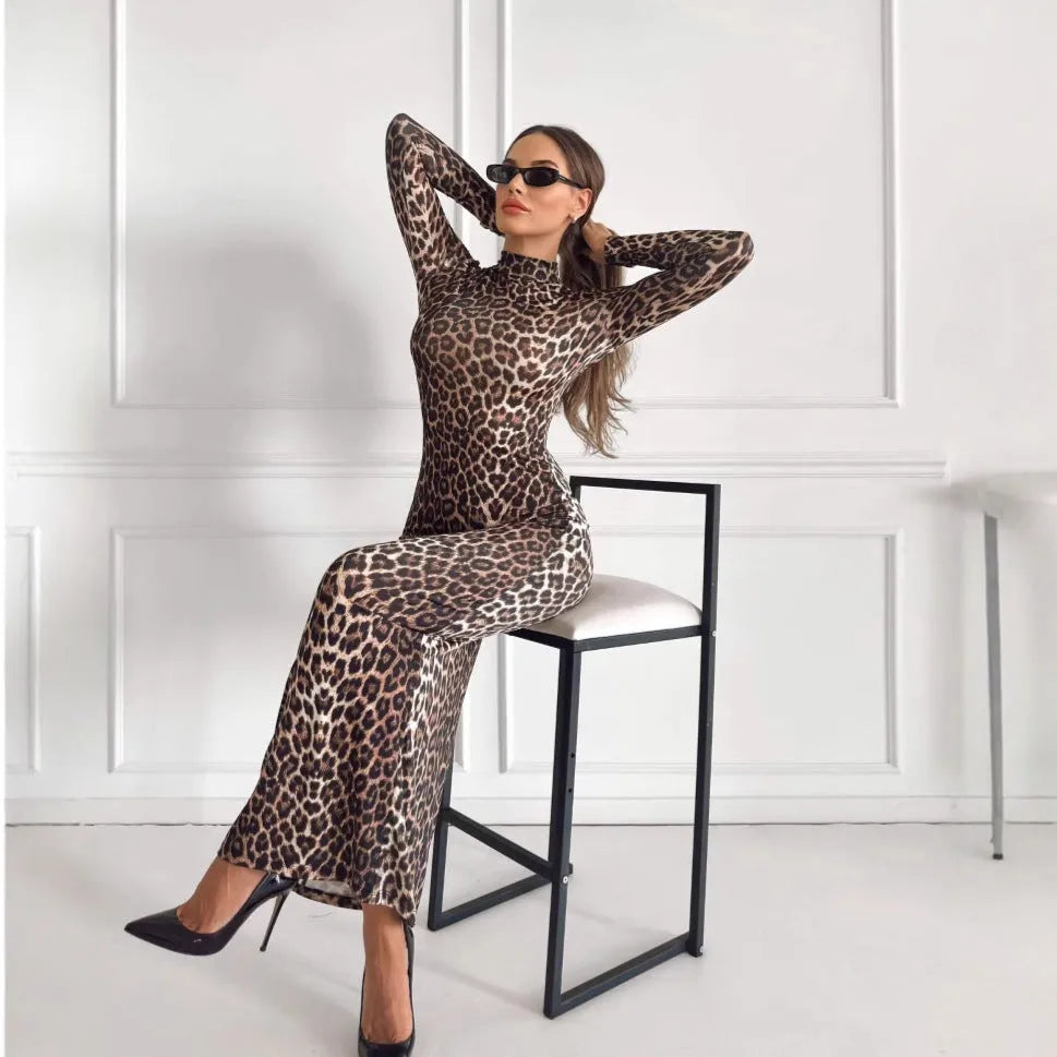 Leopard print women's long dress with stand collar and long sleeves in milk silk fabric.