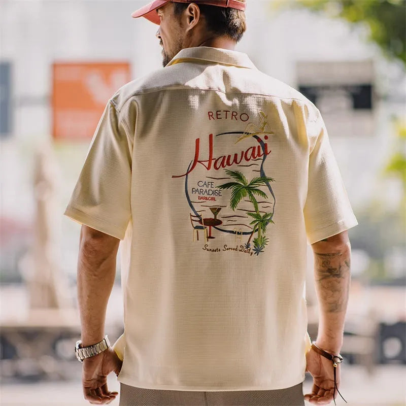Light apricot bamboo pattern Cuban collar shirt for men with plant and flower designs