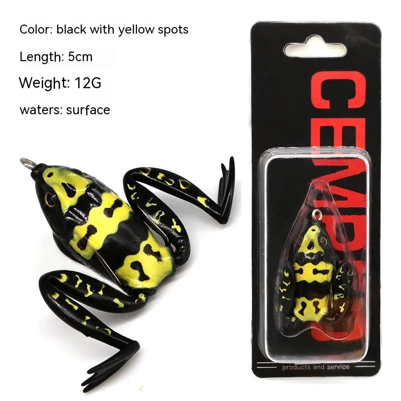 Bionic frog fishing lure with snake head pattern and double hooks in grass green colour