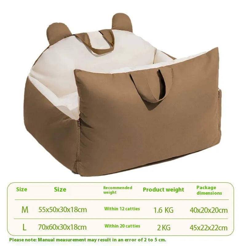 Removable washable dog car kennel in beige, shown in M and L sizes