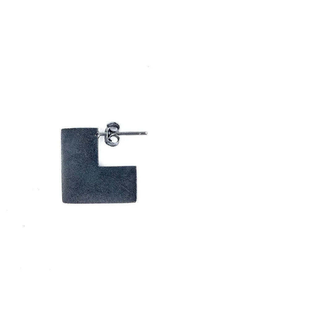 Single oxidised black sterling silver square geometric earring, approximately 16mm, with alloy post.