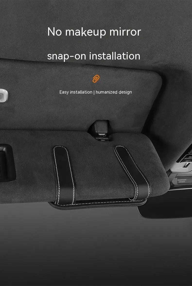 Cowhide leather automotive sun visor card holder with glasses clip in various colours.