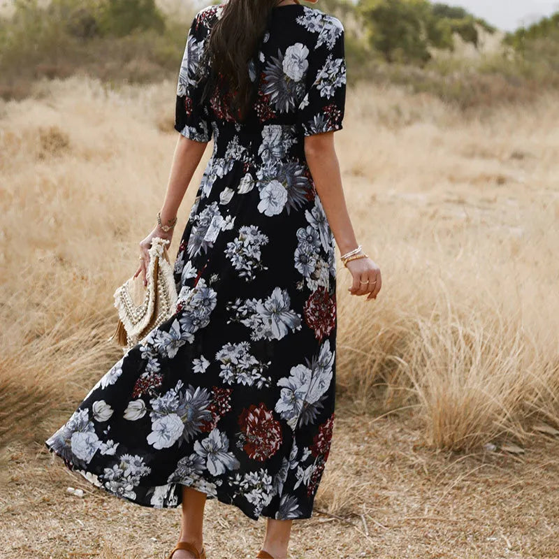 Women's floral print V-neck beach dress with elastic high waist in summer colours