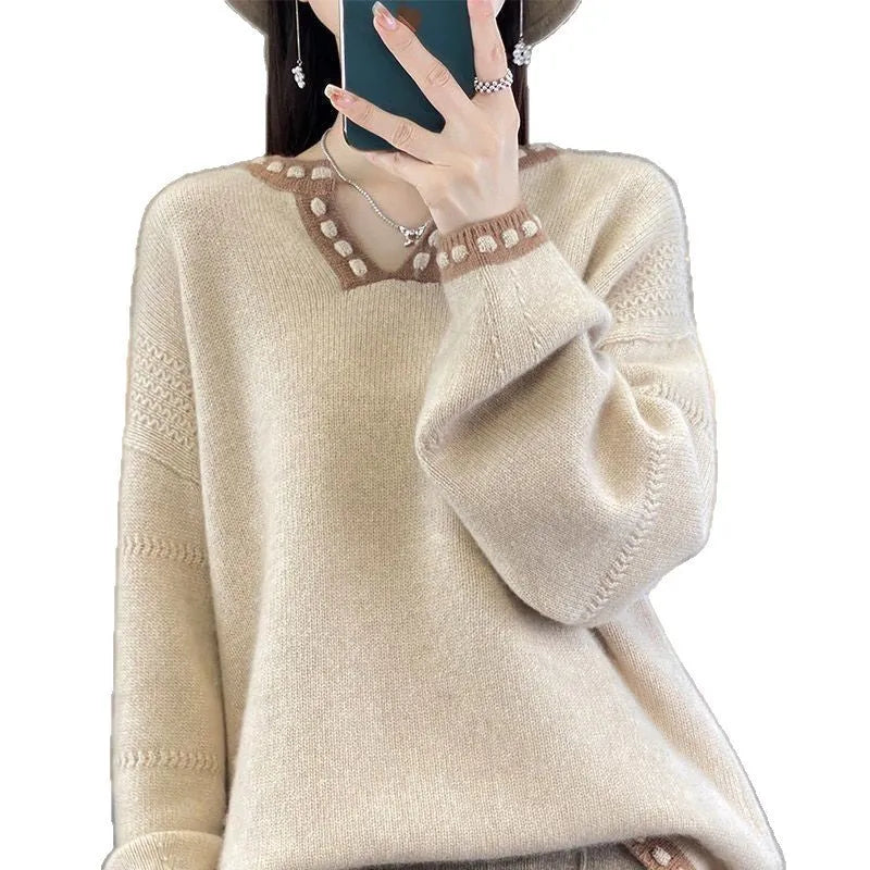 Women's V-neck pullover sweater in camel colour with long sleeves