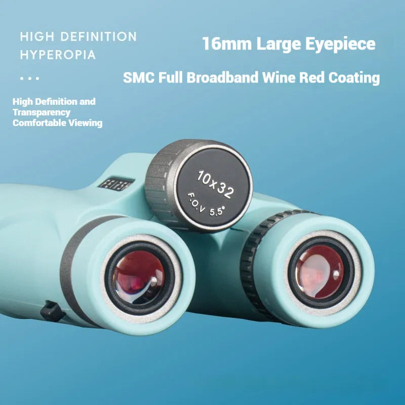 Compact wine red finish binoculars with 10x32 magnification shown in grey and blue colour options