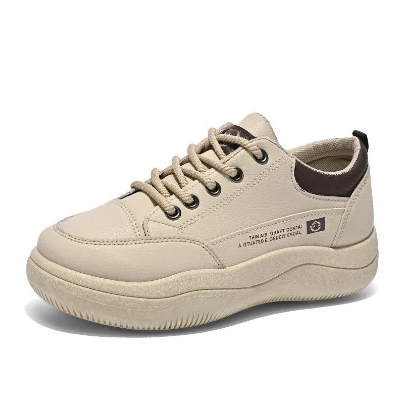 Women's Korean-style white pumps with cross straps and leather stitching on synthetic leather upper