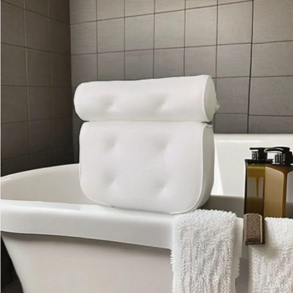 White bathtub pillow with suction cups on a 4D mesh cover.
