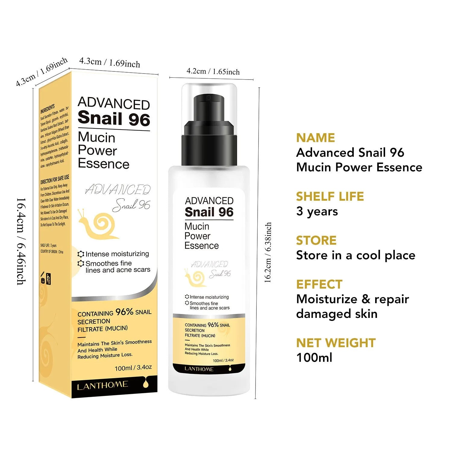 100ml bottle of snail mucin essence facial serum with liquid formulation