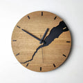 Modern wooden wall clock with cracked finish design showing five style variations