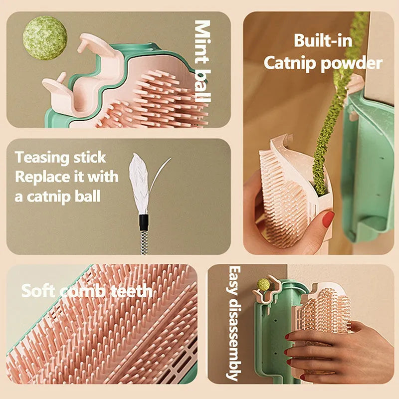 Ice cream shaped cat grooming toy with mint ball or feather attachment for scratching and play