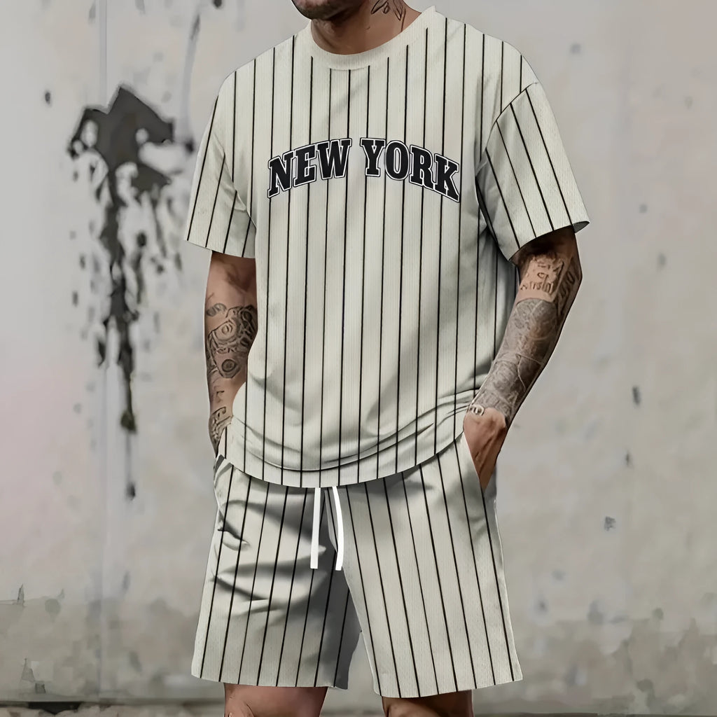 Men's 3D printed letter personality suit with short sleeve top and matching shorts in polyester