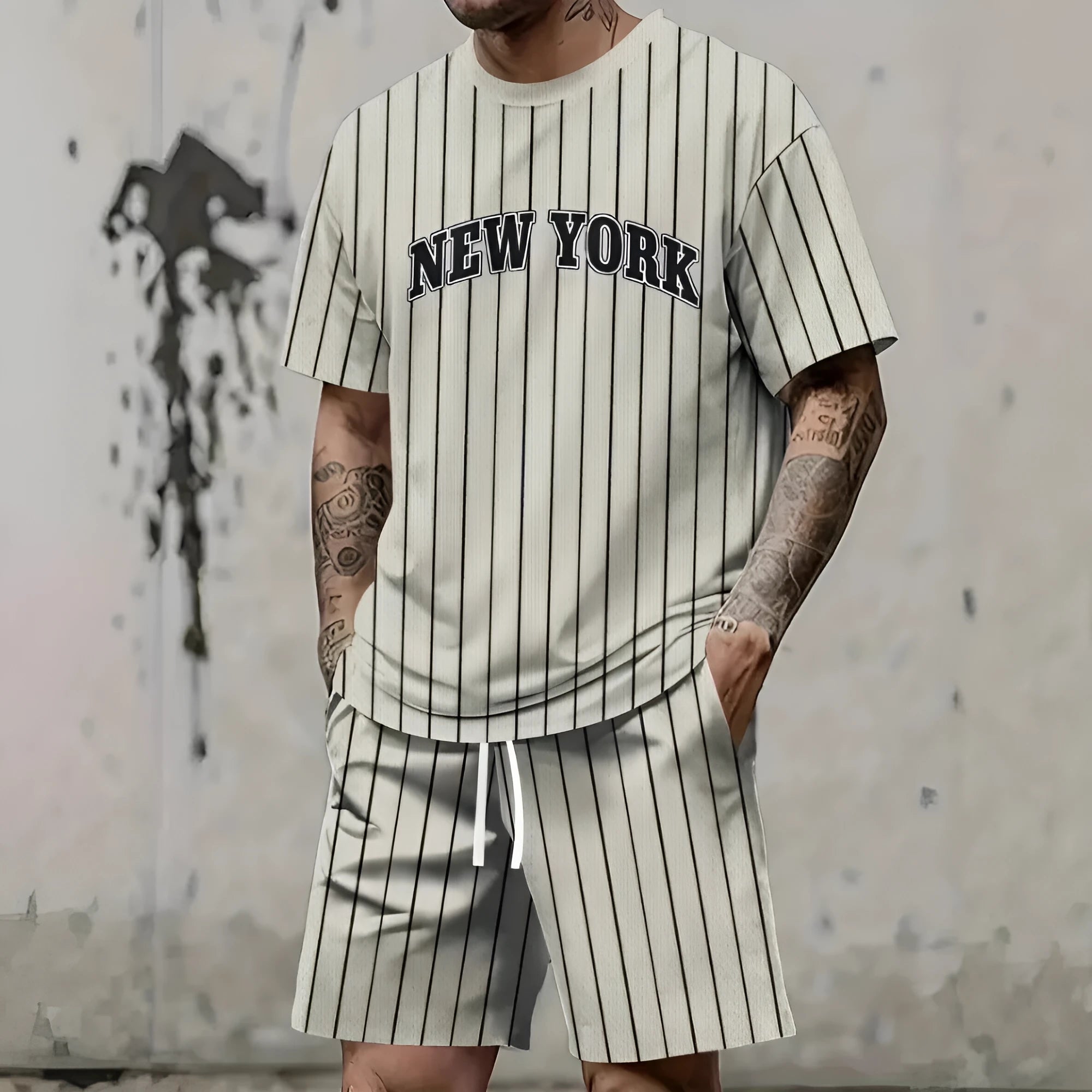 Men's 3D printed letter personality suit with short sleeve top and matching shorts in polyester