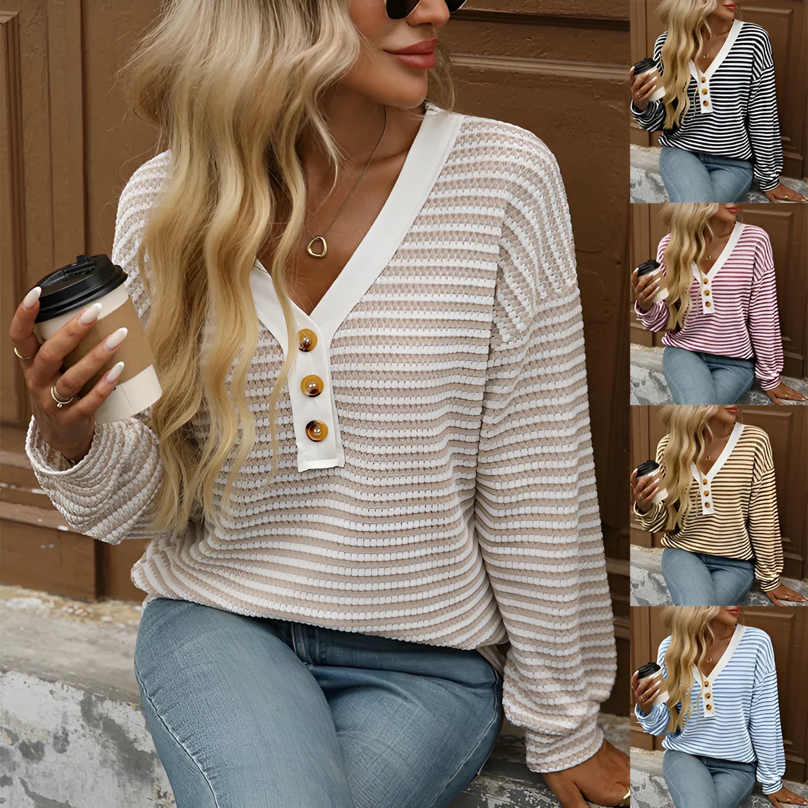 Women's loose-fitting V-neck long-sleeved top with patchwork detail in apricot colour