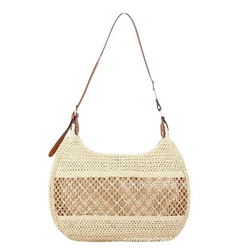 Women's khaki straw crossbody bag with a square shape and an external sandwich pocket.