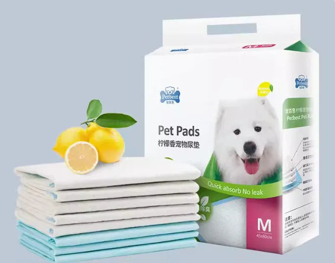 Pack of adhesive-backed dog urine pads showing size comparison between S, M, L and XL options