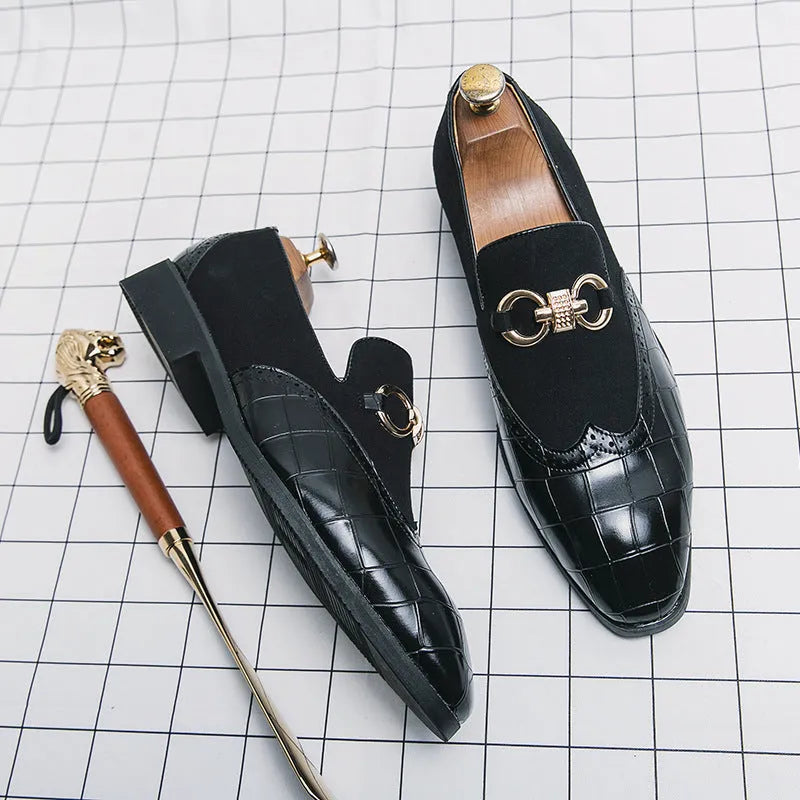 Men's black pointed toe Korean style PU leather business casual shoes with rubber sole
