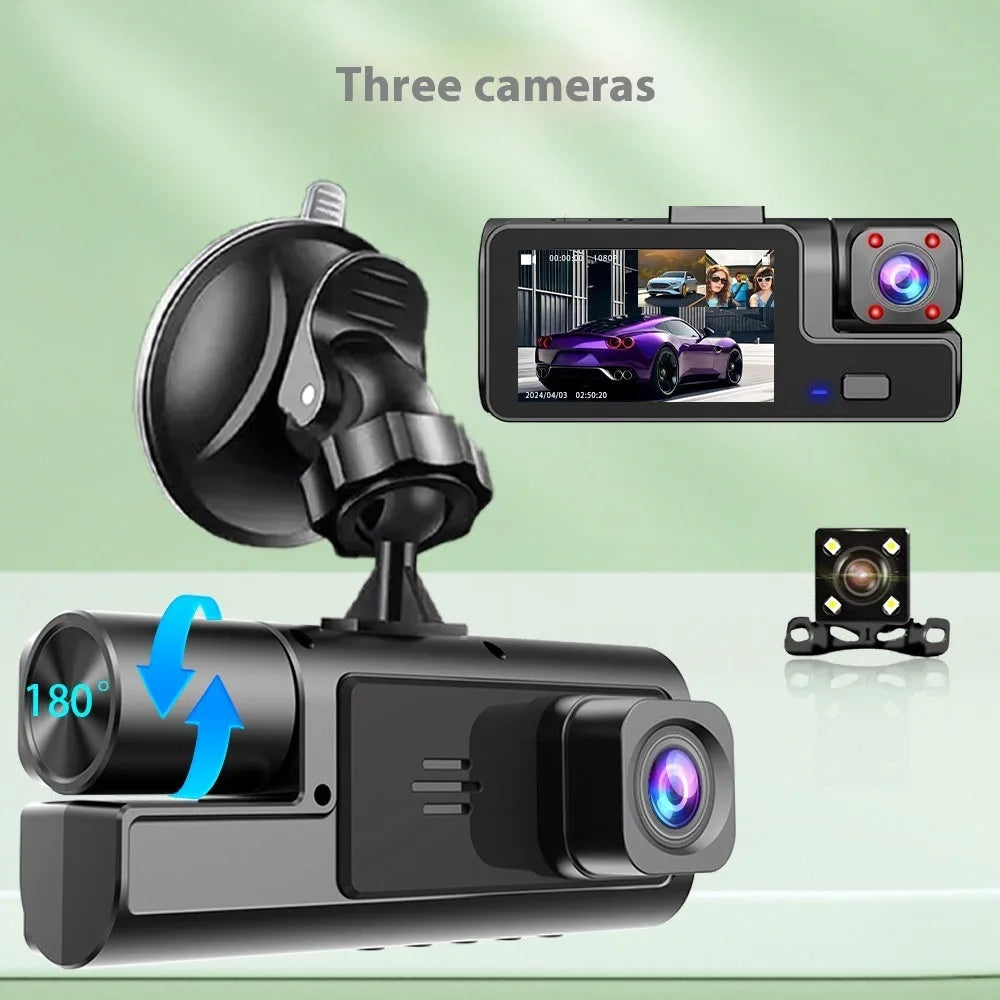 Wi-Fi enabled car dash cam with 2-inch screen on a windscreen, showing a rear-view reversing camera image.