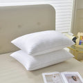White hotel pillow with satin stripe or plain cotton cover, shown in 45x65cm, 48x74cm, and 50x80cm sizes.