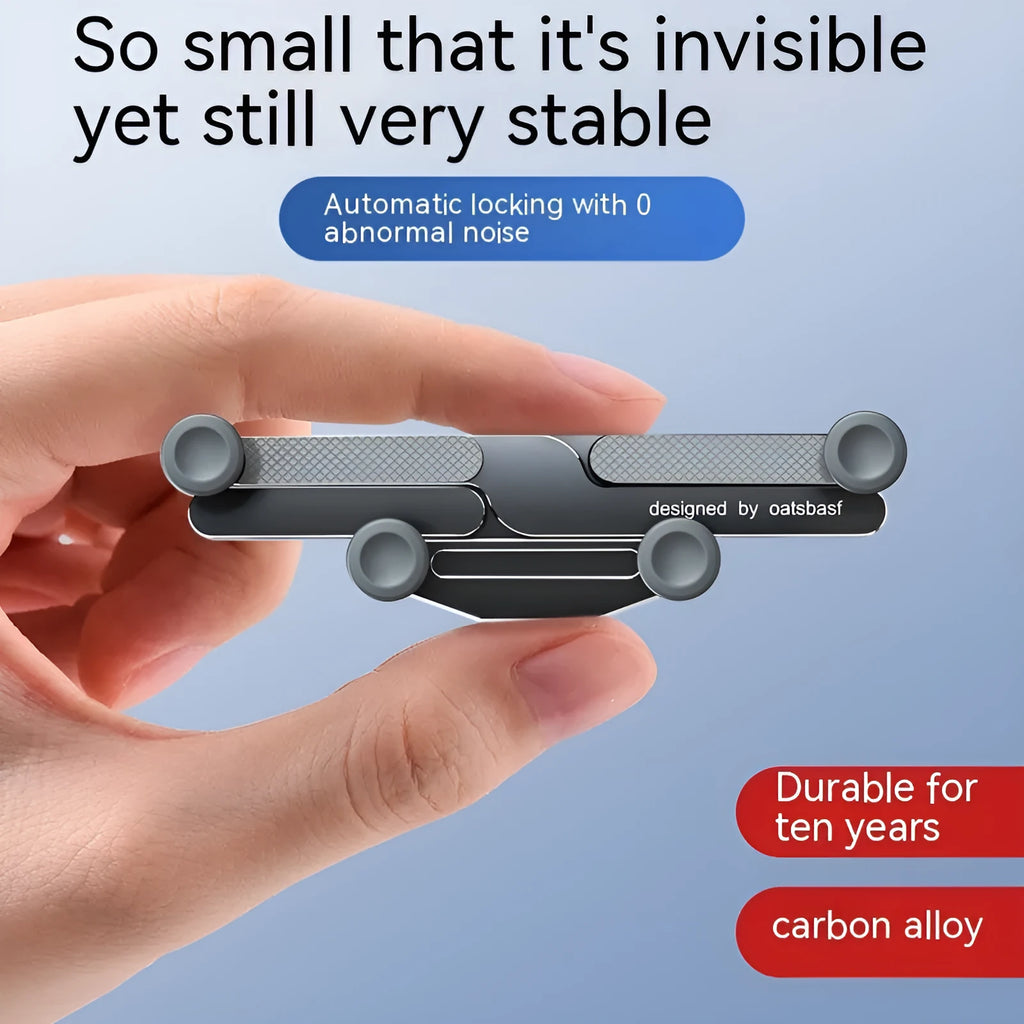 An invisible aluminium alloy phone holder for car air vents, shown in black.
