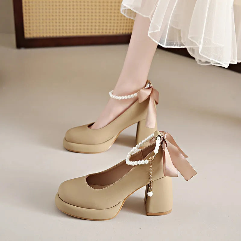 Women's beige Mary Jane shoes with chunky heel and pearl ankle-strap buckle on round toe design