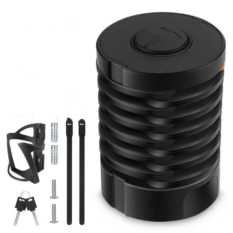Portable bicycle folding lock showing folded and extended positions in black colour option