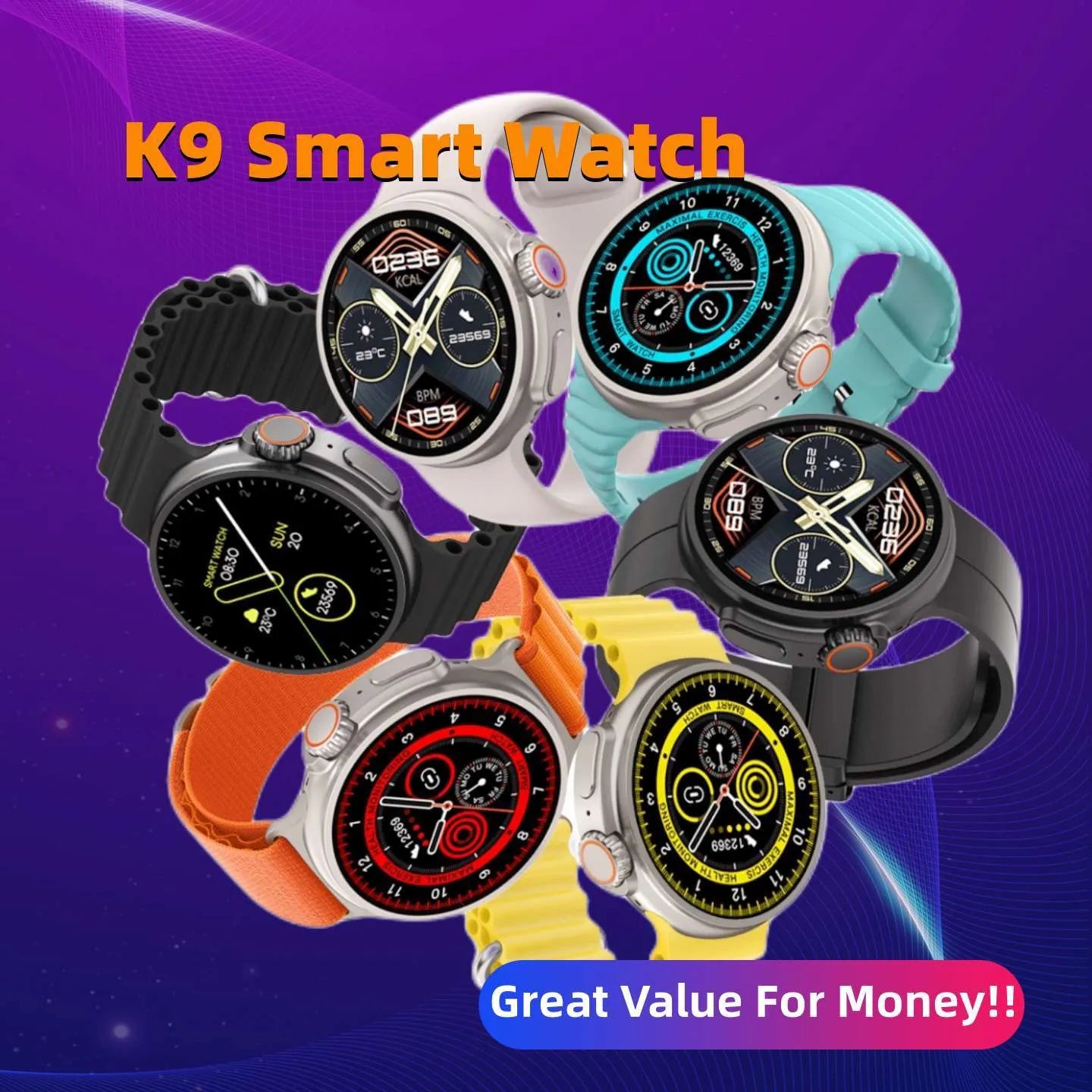 K9 smart watch with round screen showing health metrics and NFC payment capability